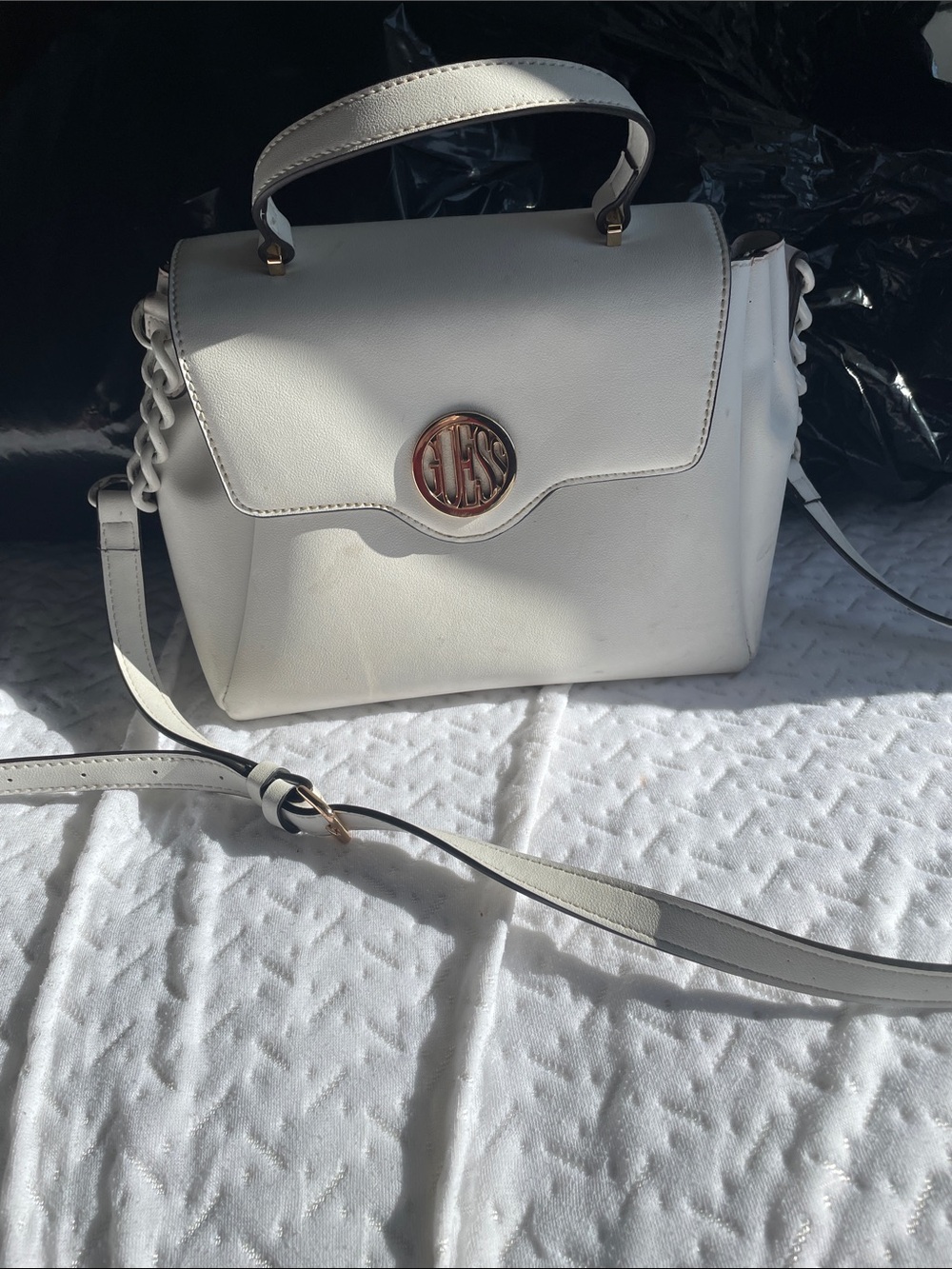 Guess White Top-Handle Satchel with Gold Logo Accent